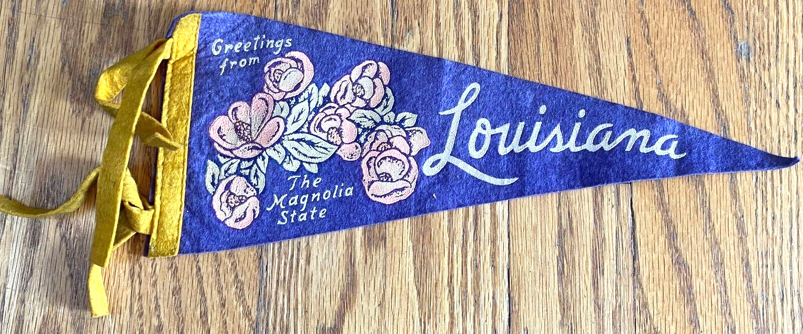 Vintage Louisiana The Magnolia State Purple Felt Pennant Flag 17x6 Souvenir