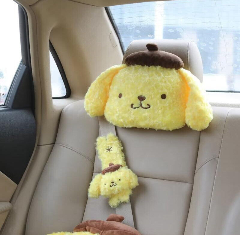 2pcs Furry Pompompurin Car Neck Pillow Headrest Seat Belt Cover Shoulder Pad Set