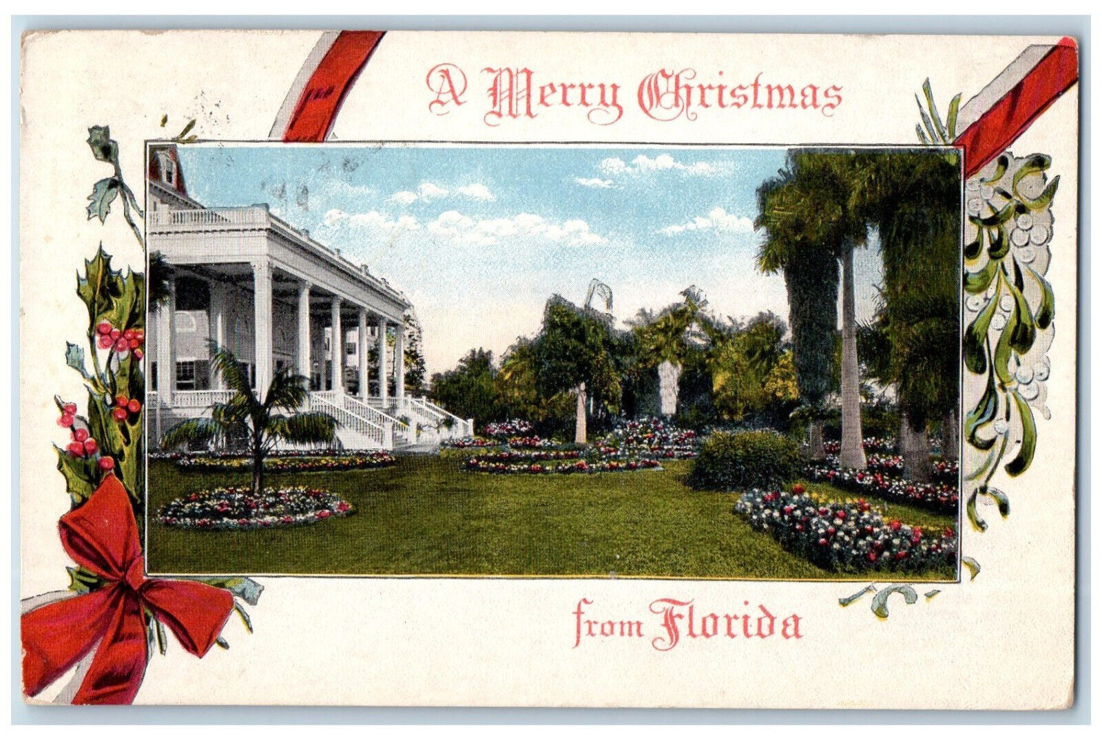 1914 A Merry Christmas from Florida FL Garden Building Antique Postcard
