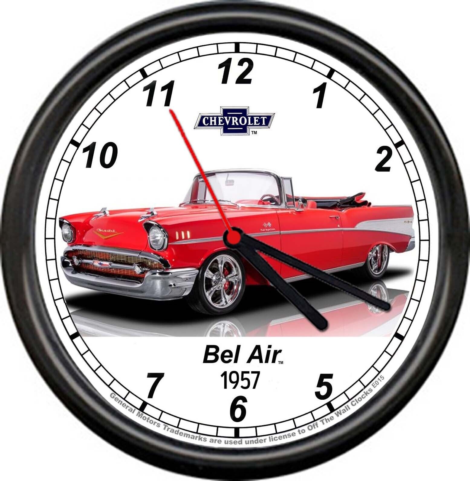 Licensed 1957 Red Chevy Bel Air Belair Sedan General Motors Sign Wall Clock