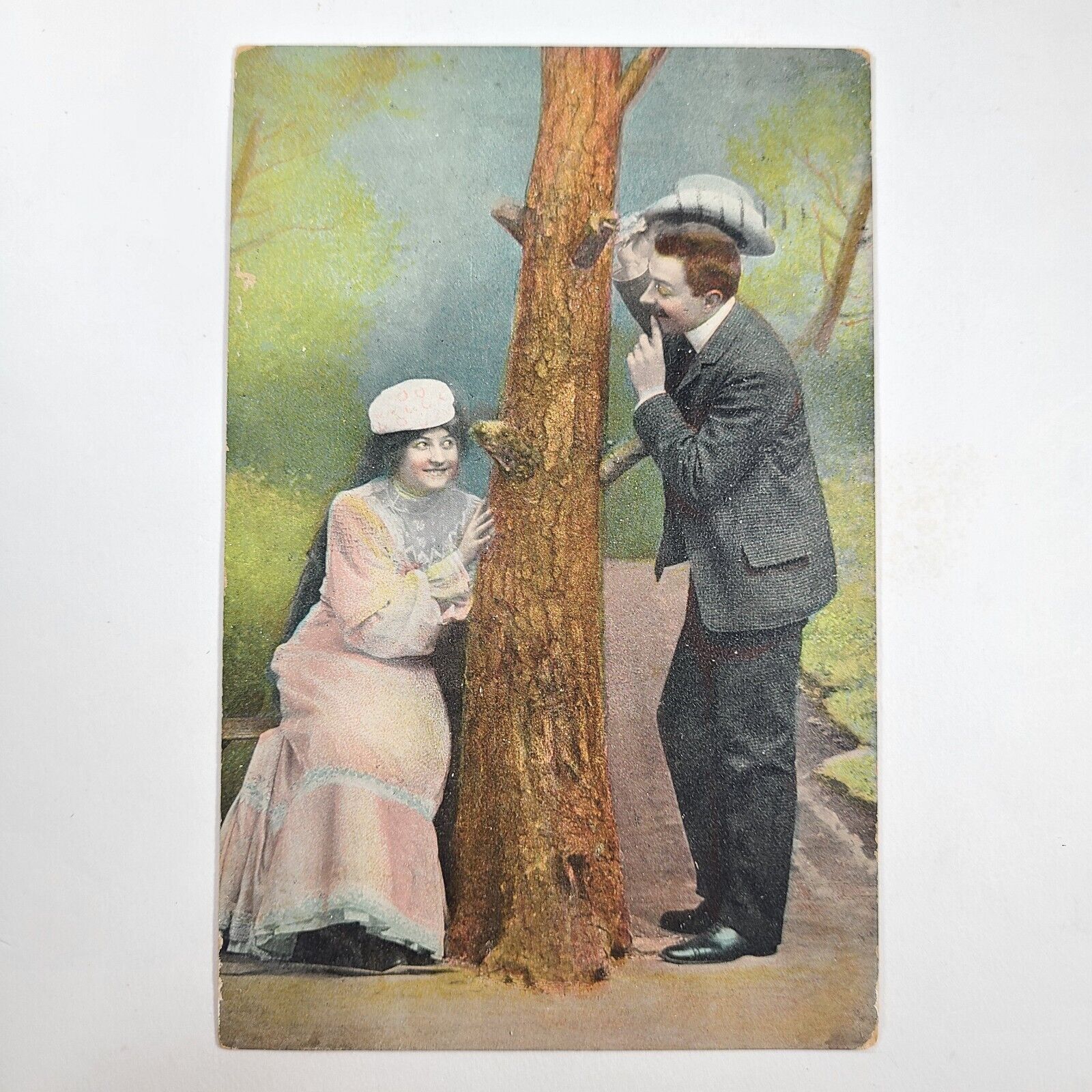 Antique Postcard Romance Hand Tinted Print Hide and Seek Game Love Ephemera 
