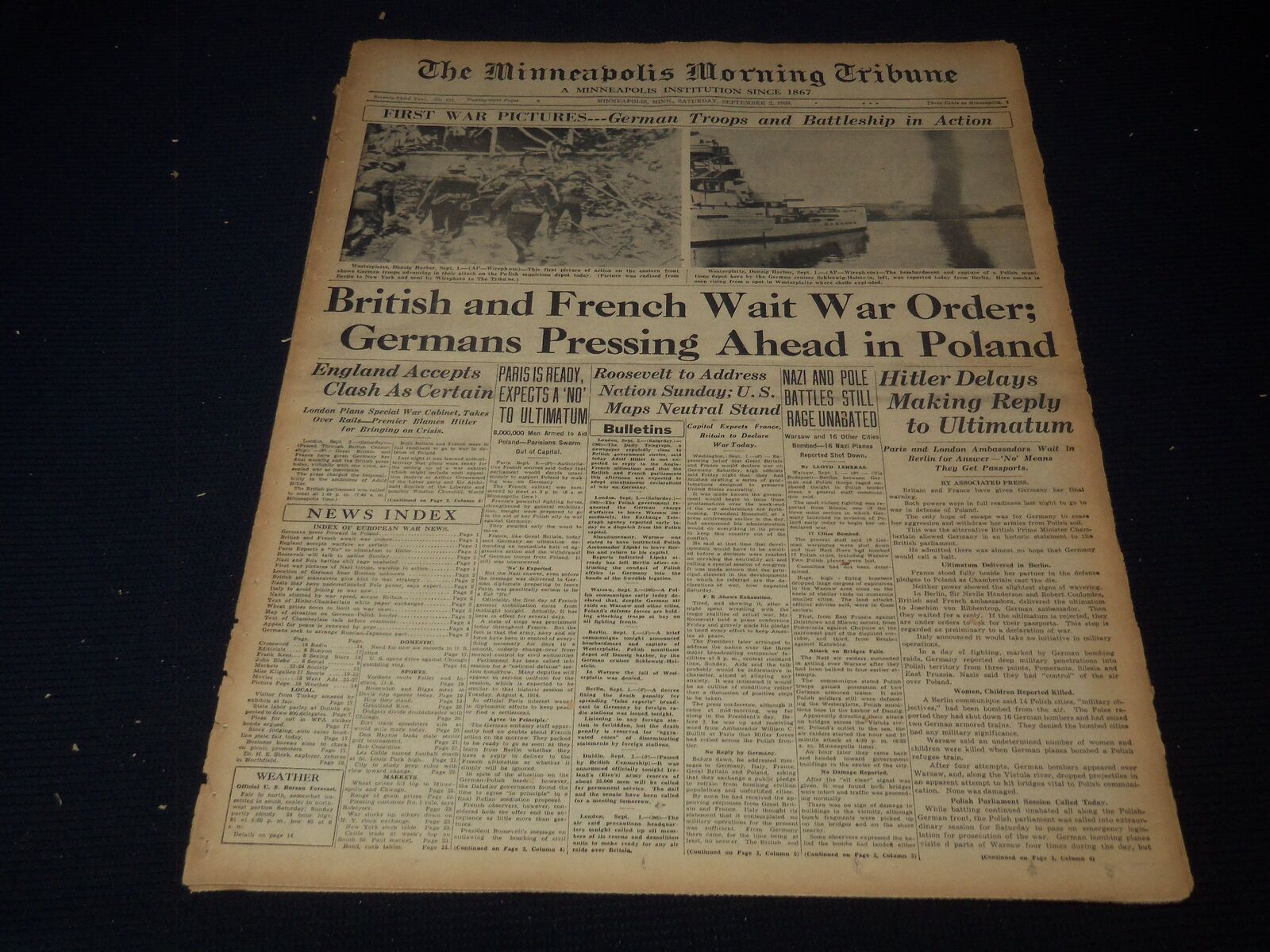 1939 SEPT 2 MINNEAPOLIS MORNING TRIBUNE - BRITISH & FRENCH WAIT WAR - NT 9518