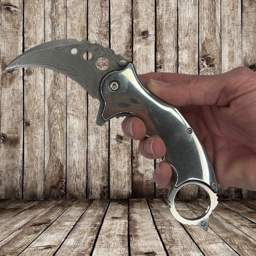 Karambit EDC Pocket Knife Real Damascus Assisted Opening Silver