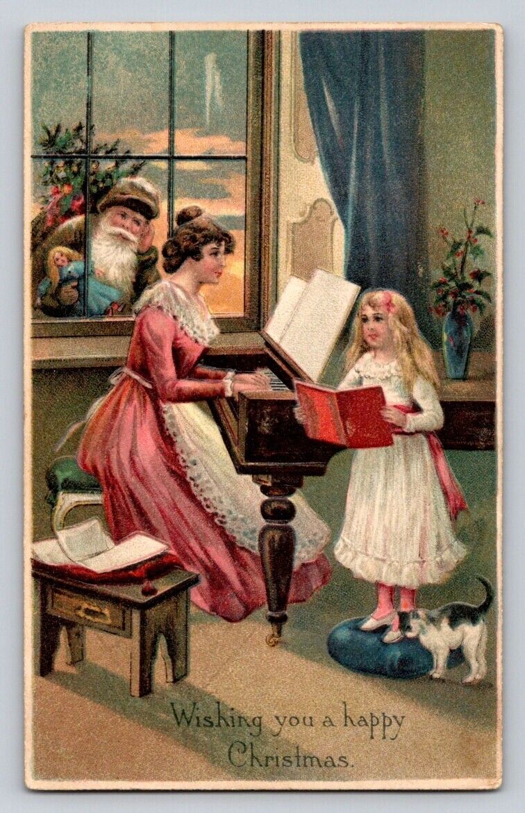 c1905 Old World Brown Santa Claus Woman Piano Girl Germany Christmas  P209