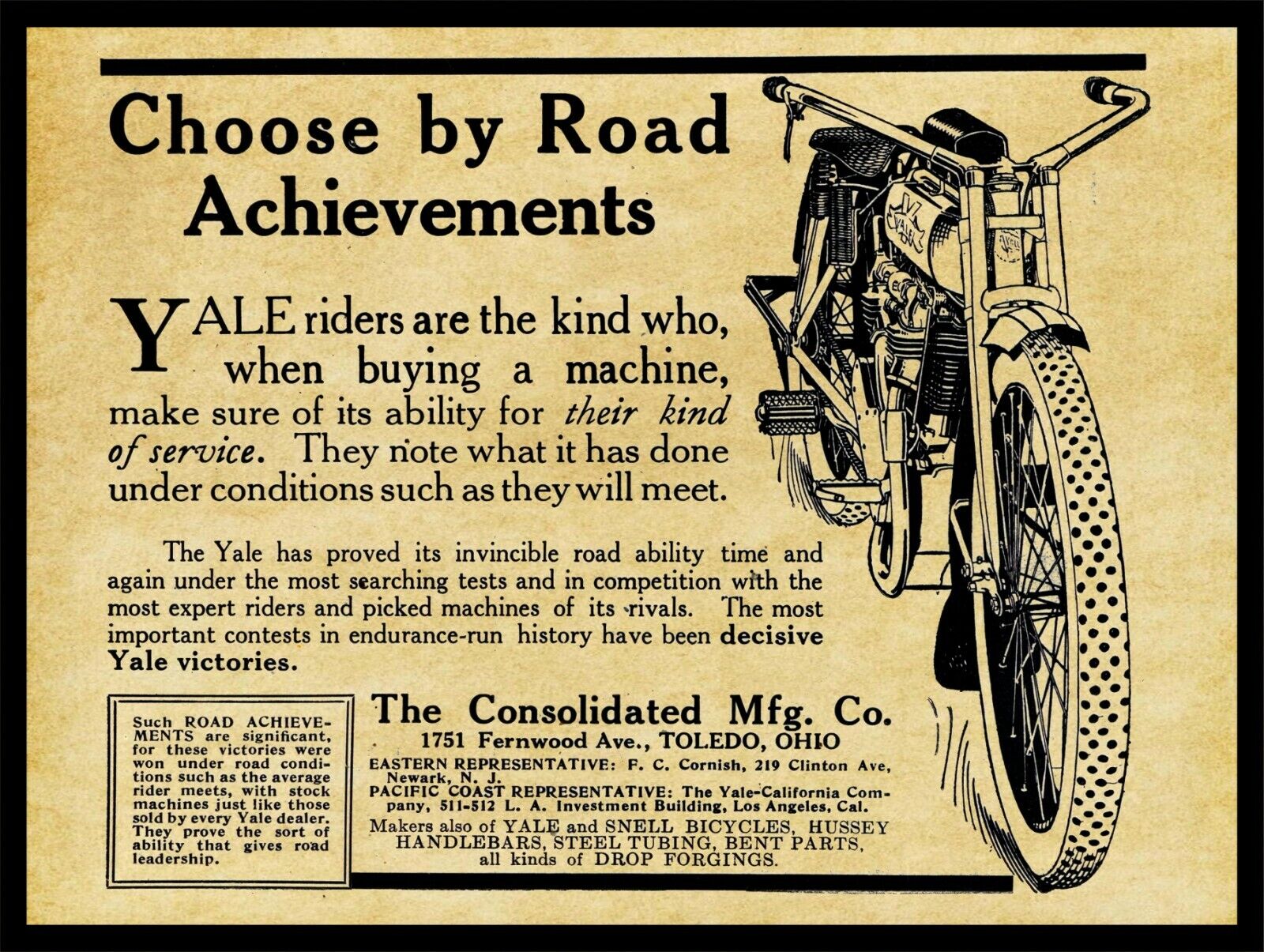 1914 Consolidated Mfg. Co. NEW Metal Sign: Yale Motorcycles - Toledo, OhiO