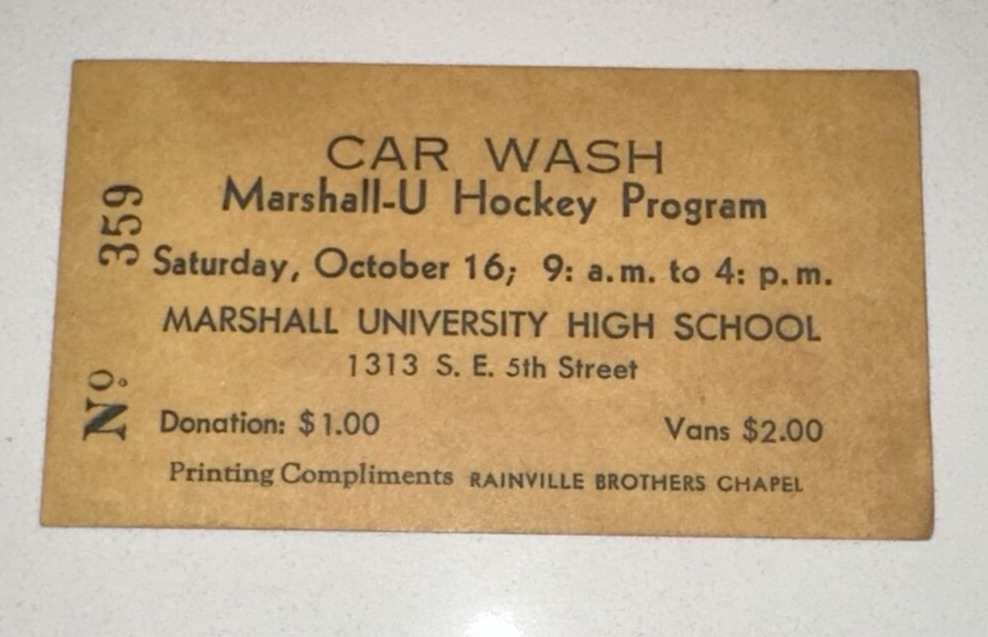 Marshall University High School Hockey Program Car Wash Ticket Stub Minneapolis