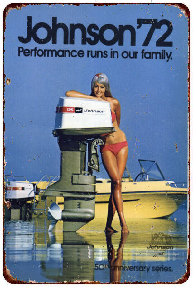 1972 Johnson Outboard Motor 125 Bikini Girl Vintage Look metal sign