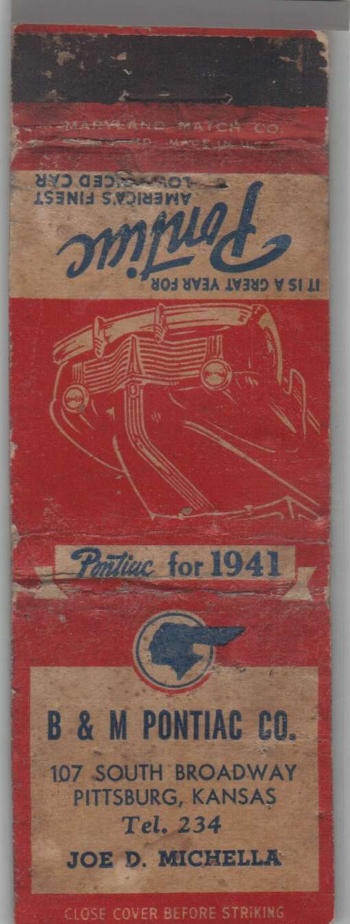 Matchbook Cover - 1941 Pontiac B  -  M Pontiac Pittsburg, KS