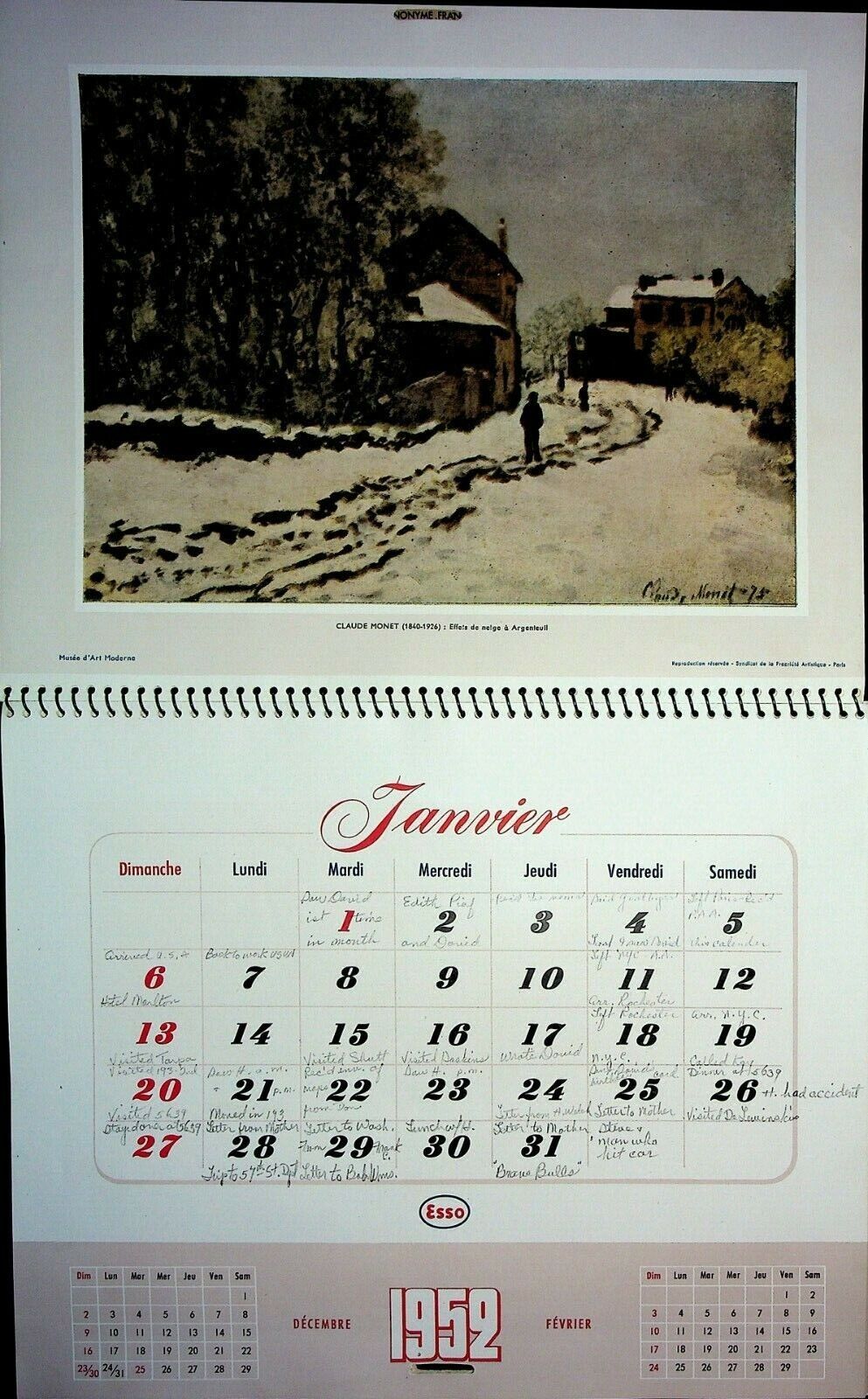 Esso Wall Calendar 1952 Esso Standard Societe Anonyme Francaise French