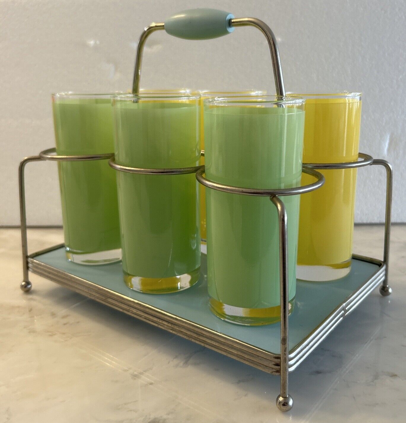 Vintage Hi Ball Cocktail Glass Set W/ Carrier 1960s Green & Yellow Pastels