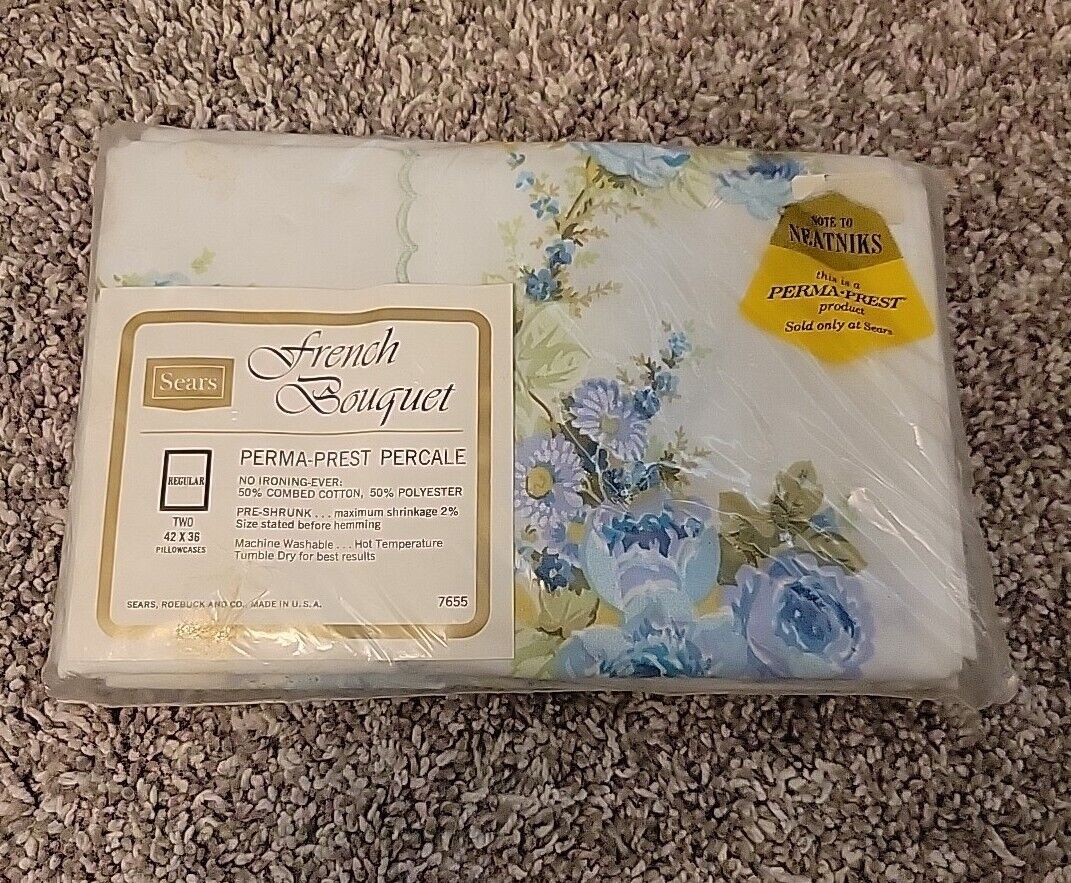 Vintage Sears Perma Prest Percale Two Regular Pillowcases Blue French Bouquet