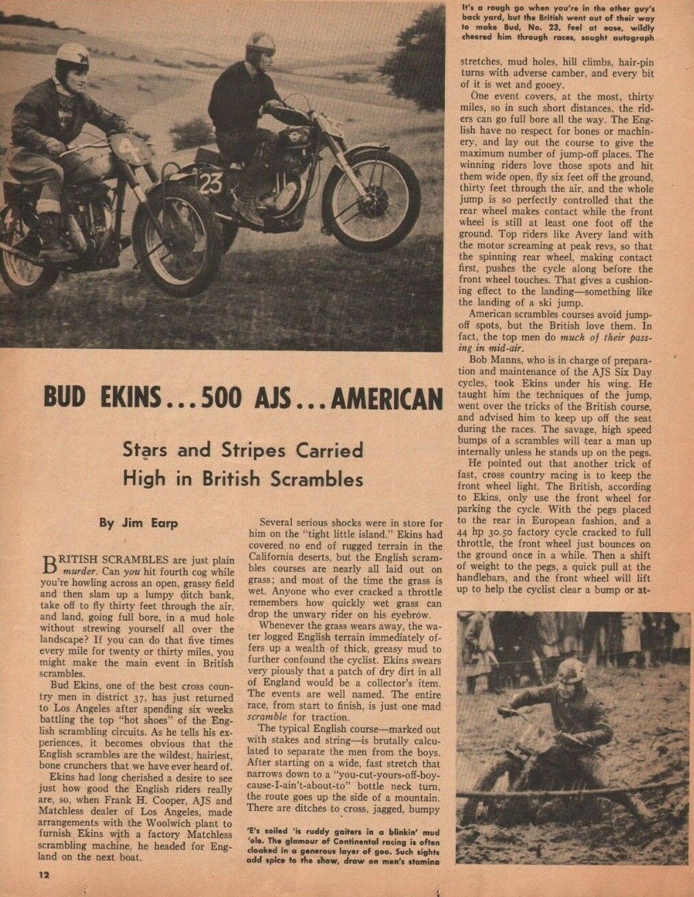 1952 Bud Ekins, 500 AJS, British Scrambles - 2-Page Vintage Motorcycle Article