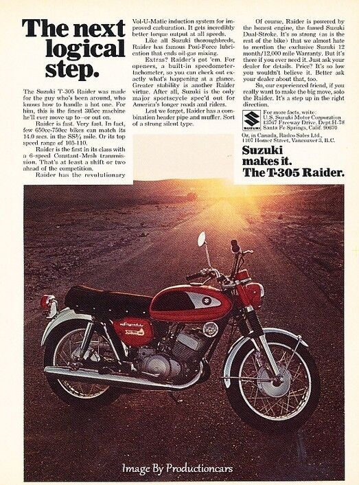 1968 Suzuki T-305 Motorcycle Raider - Original Advertisement Print Art Ad J640