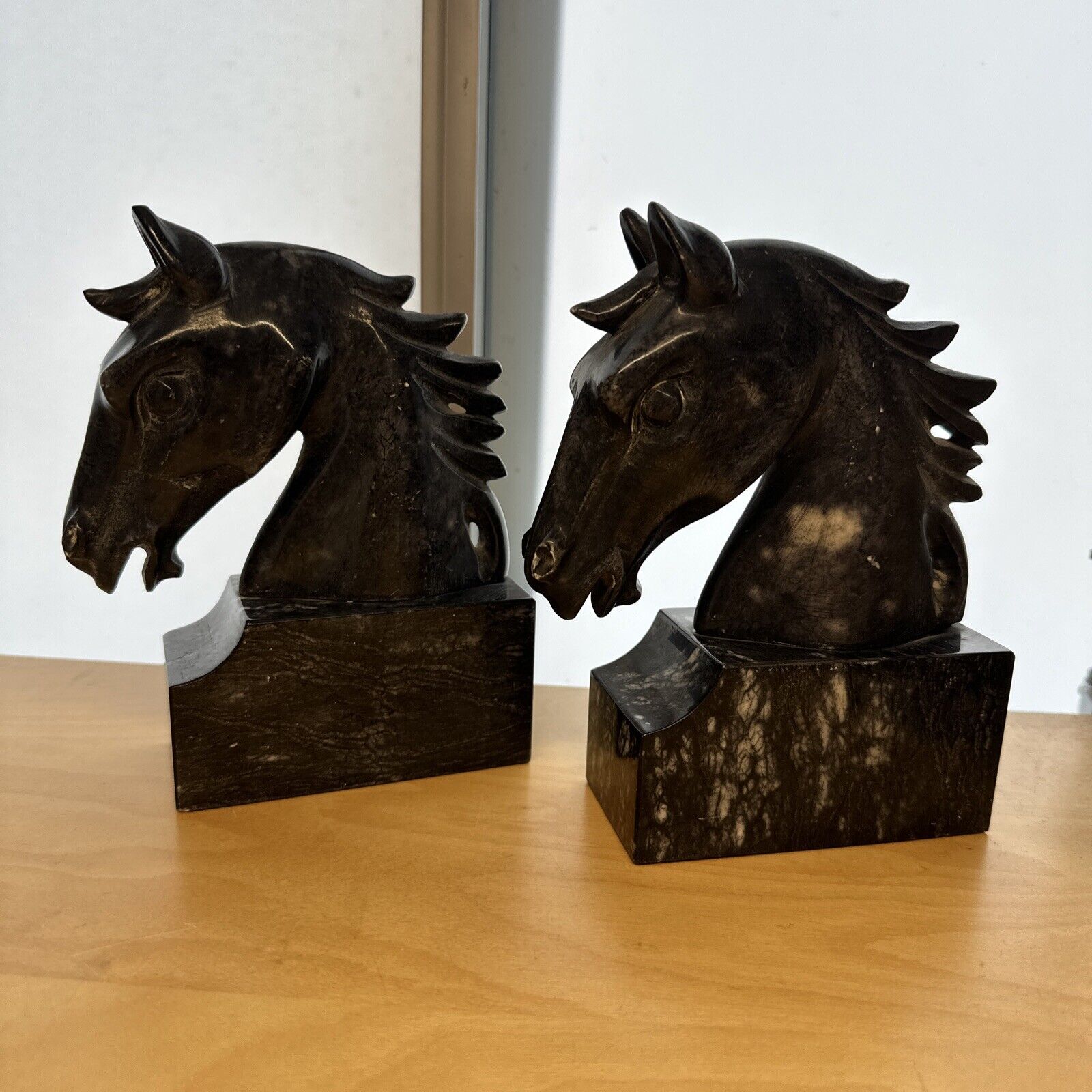 Vintage Italian HORSE HEAD BOOKENDS Black Marble Equestrian Hand Carved 6.75 lb.