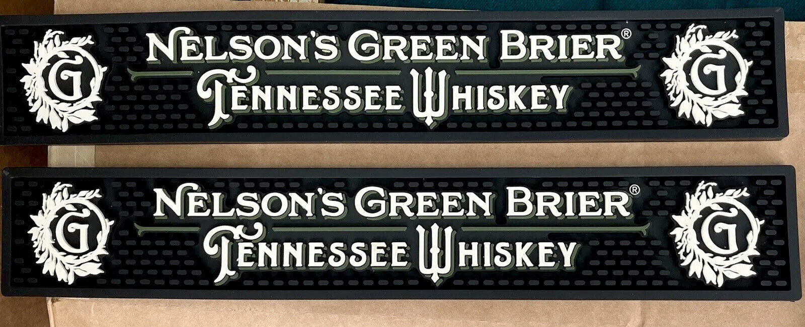 *TWO NEW* Nelsons Green Brier Tennessee Whiskey Rubber Bar Rail Spill Mat 21x3.5