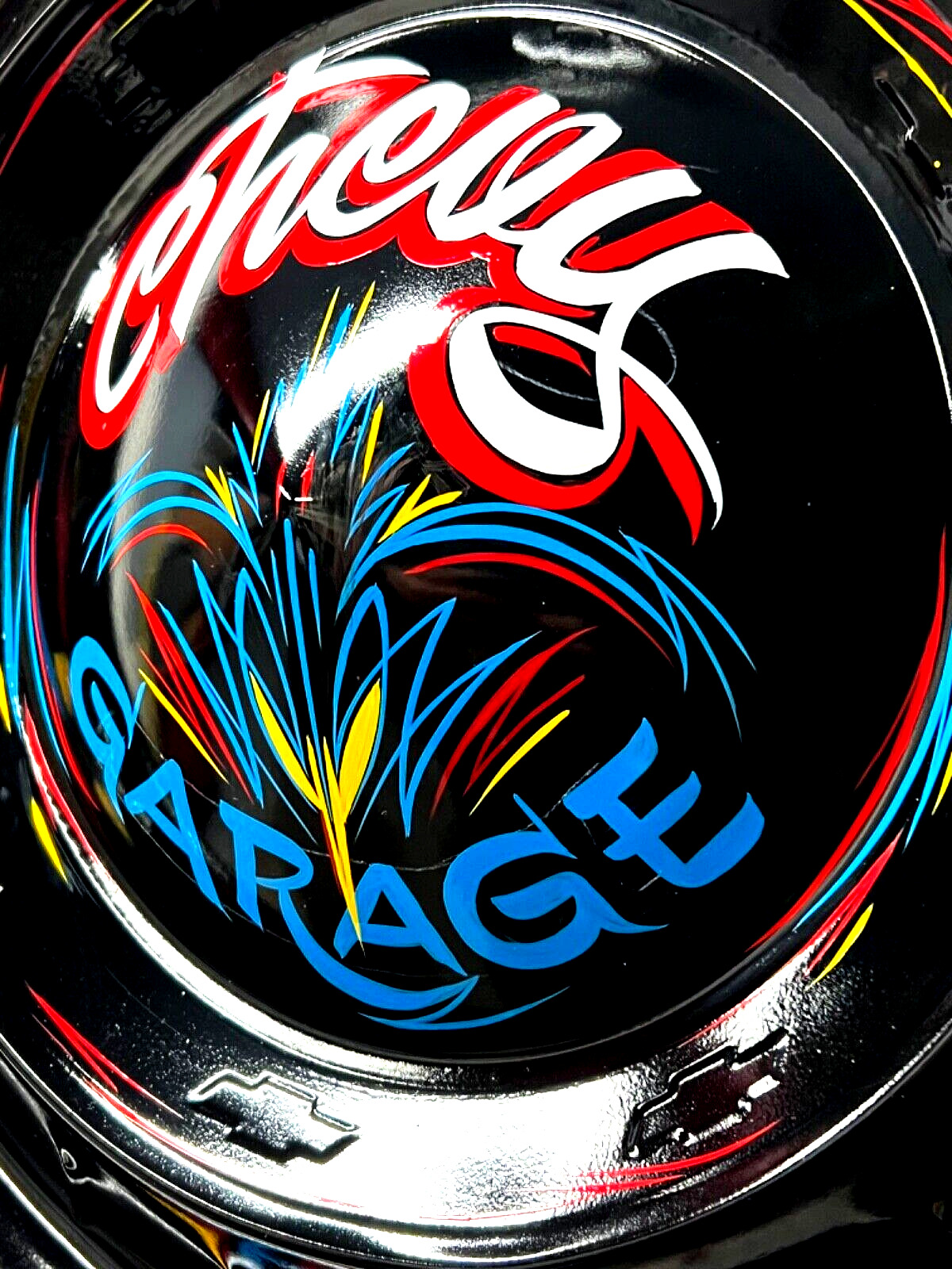 Vintage CHEVY GARAGE Hot RAT Rod Painted Hubcap SHOP SIGN Pinstriped Wall Art