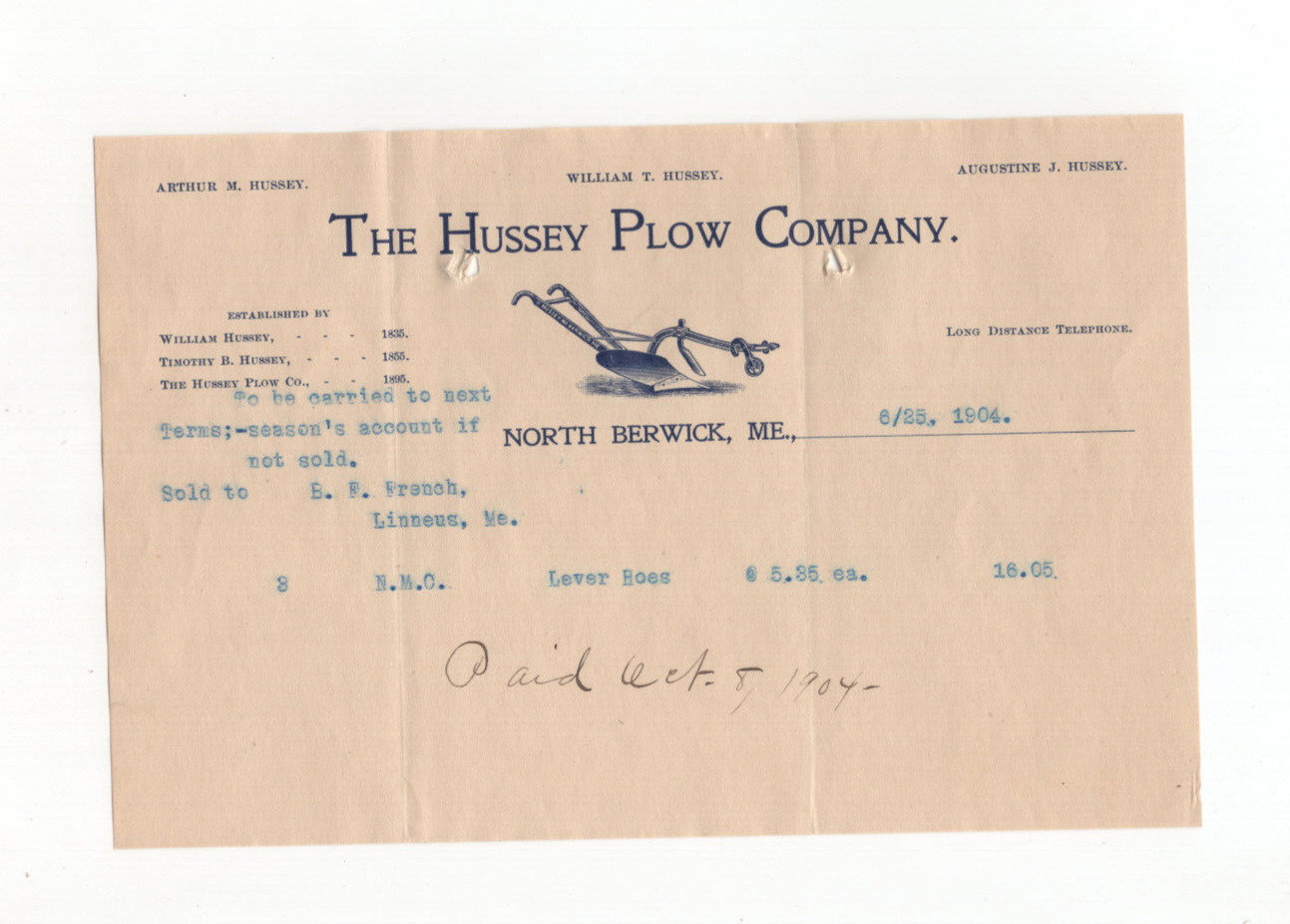 1904 Hussey Plow Co. North Berwick ME Billhead Antique Lever Hoes
