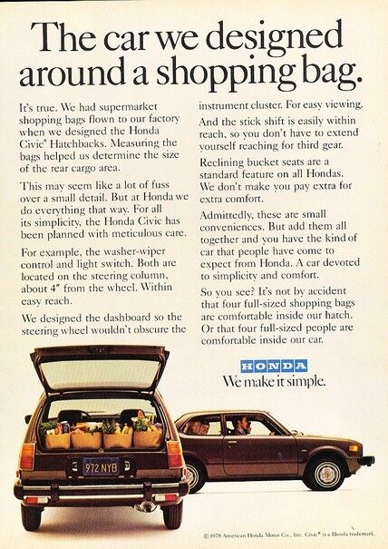 1978 Honda Civic Hatchback Original Advertisement Print Art Car Ad A89