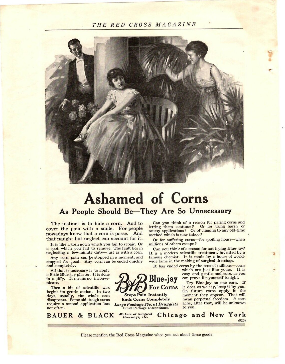 1918 Print Ad WWI B & B Bauer & Black Blue-Jay for Corns Ashamed of Corns Illus