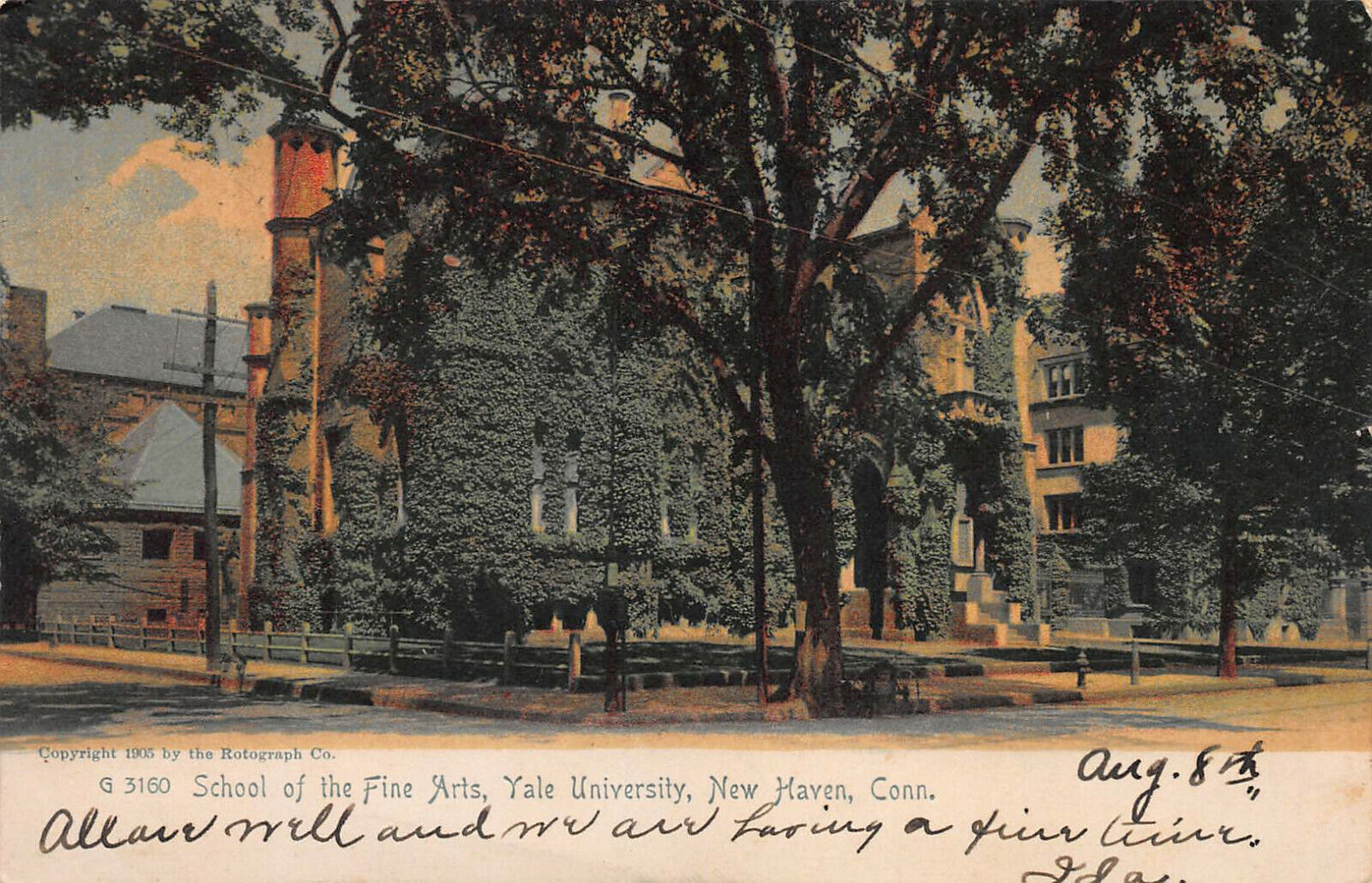 Fine Arts School, Yale Univ., New Haven, CT., Early Hand Colored Postcard, Used 