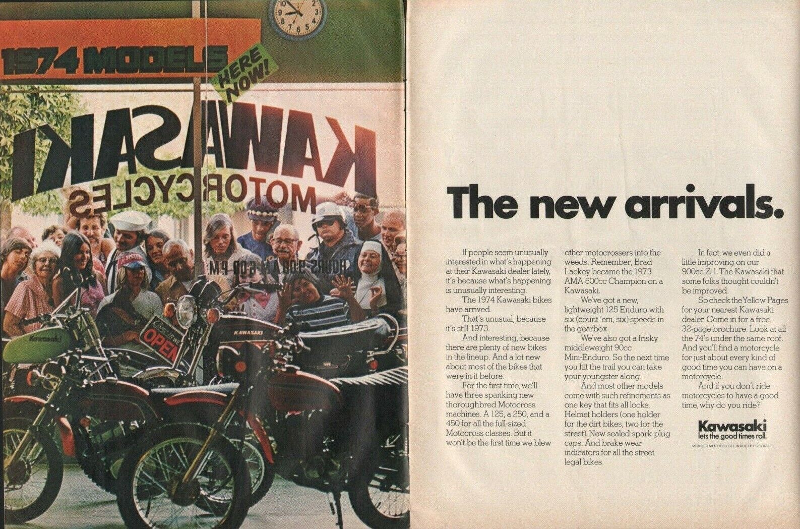 1974 Kawasaki - New Arrivals - 2-Page Vintage Motorcycle Ad
