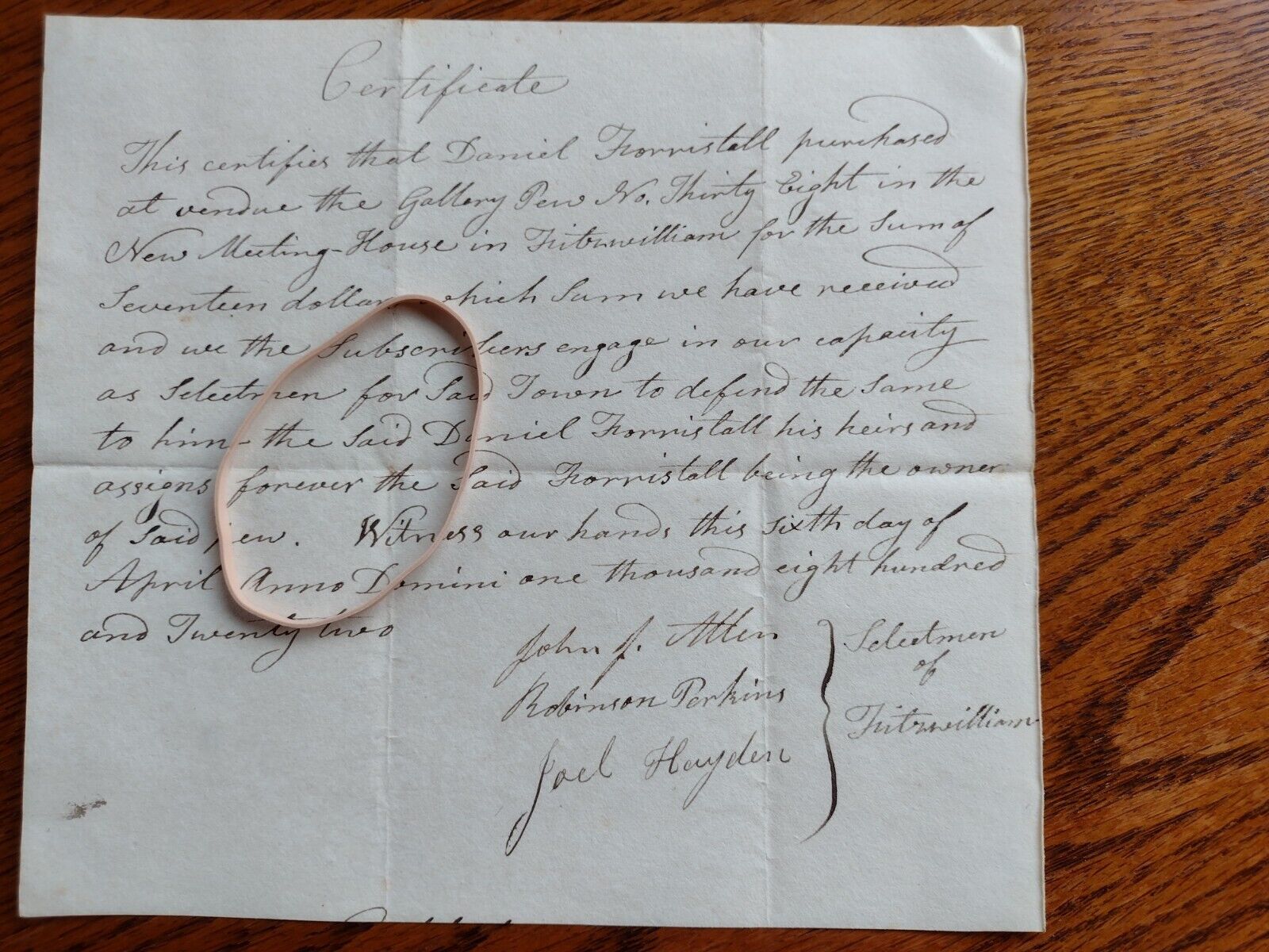 1822 6, APRIL. FITZWILLIAM, NEW HAMPSHIRE, NEW MEETING HOUSE, SIGNED DOCUMENT