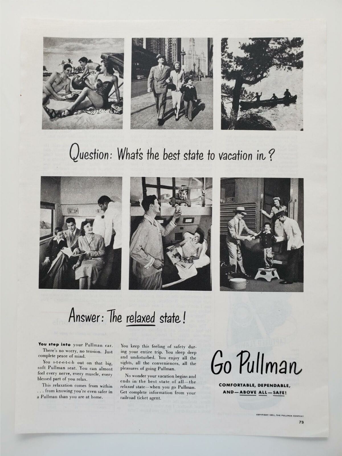 Pullman Railroad 1951 Vintage Magazine Print Ad Train Travel Vacations