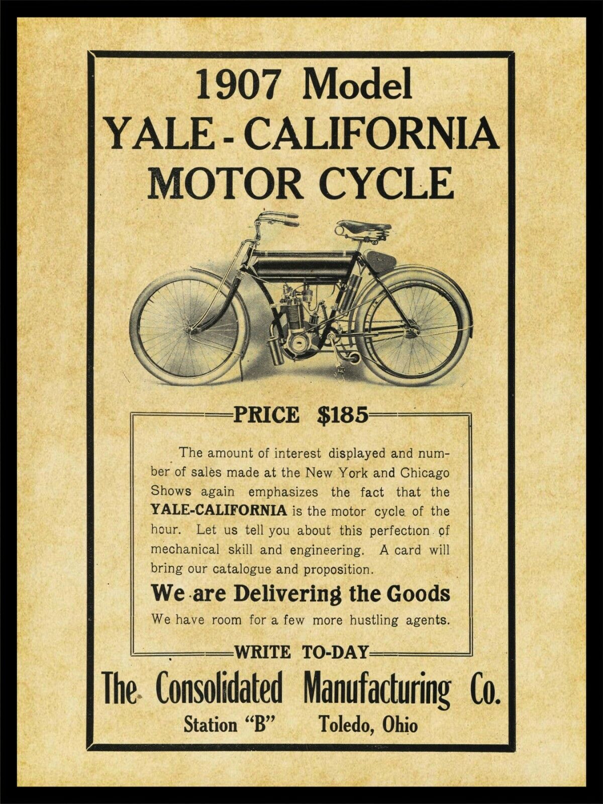 1907 Yale California Motorcycle NEW Metal Sign: Consolidated Mfg -  Toledo, OhiO