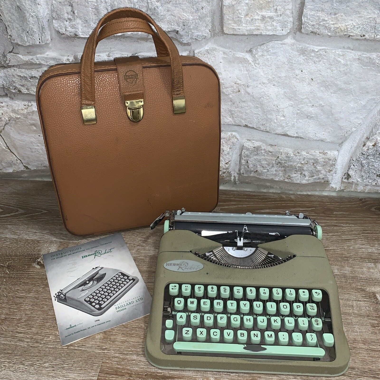 Vintage HERMES ROCKET Green Portable Typewriter Case Switzerland W Instructions