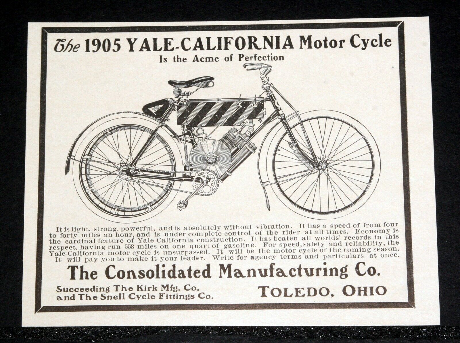 1905 OLD MAGAZINE PRINT AD, CONSOLIDATED, YALE-CALIFORNIA MOTOR CYCLE, 4-40 MPH