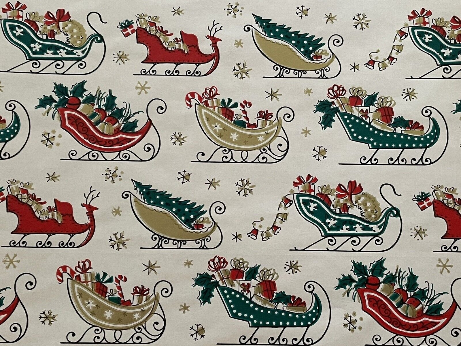 VTG CHRISTMAS WRAPPING PAPER GIFT WRAP GREEN RED GOLD SLEIGHS