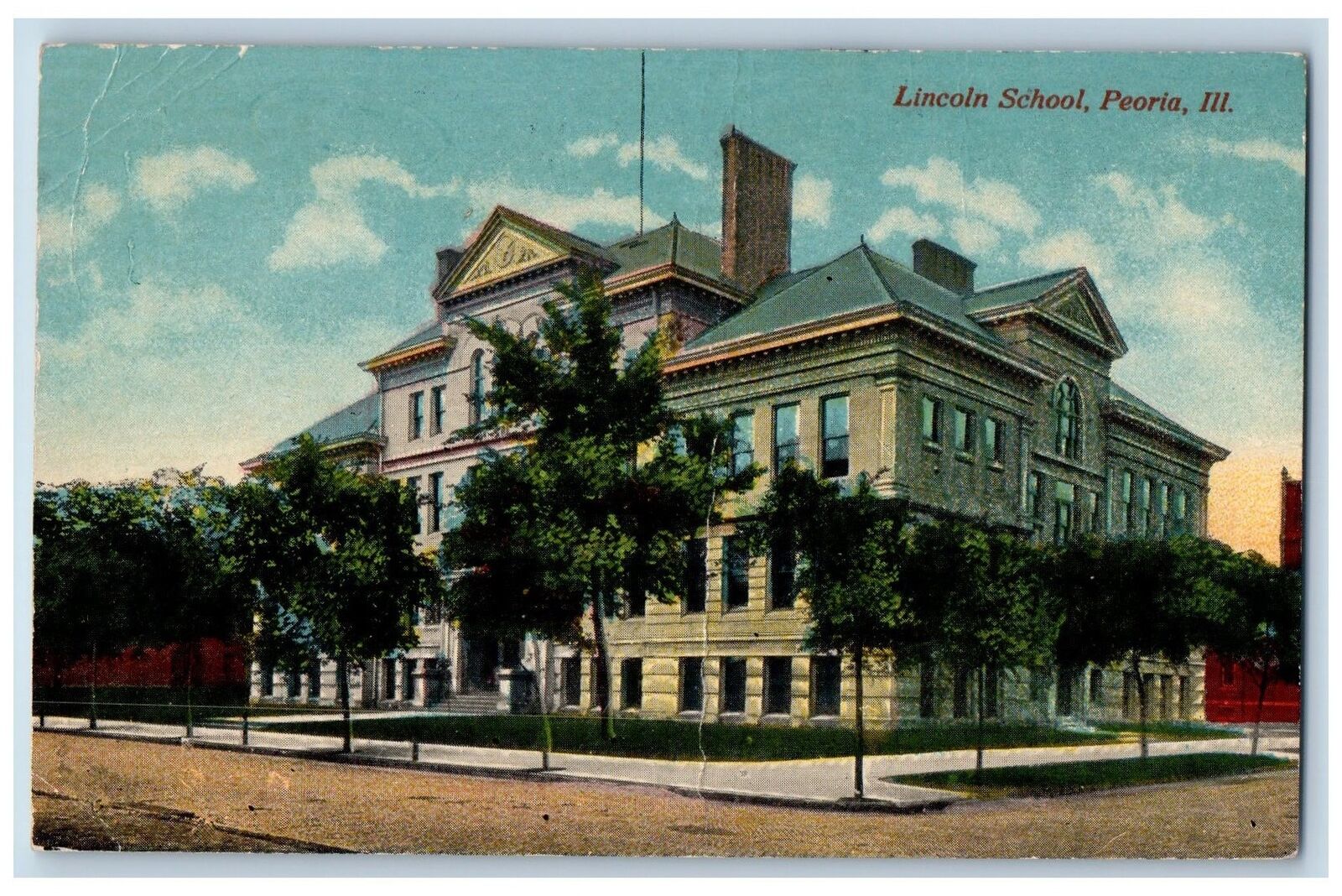 Peoria Illinois IL Postcard Lincoln School Building Exterior 1916 Trees Scene