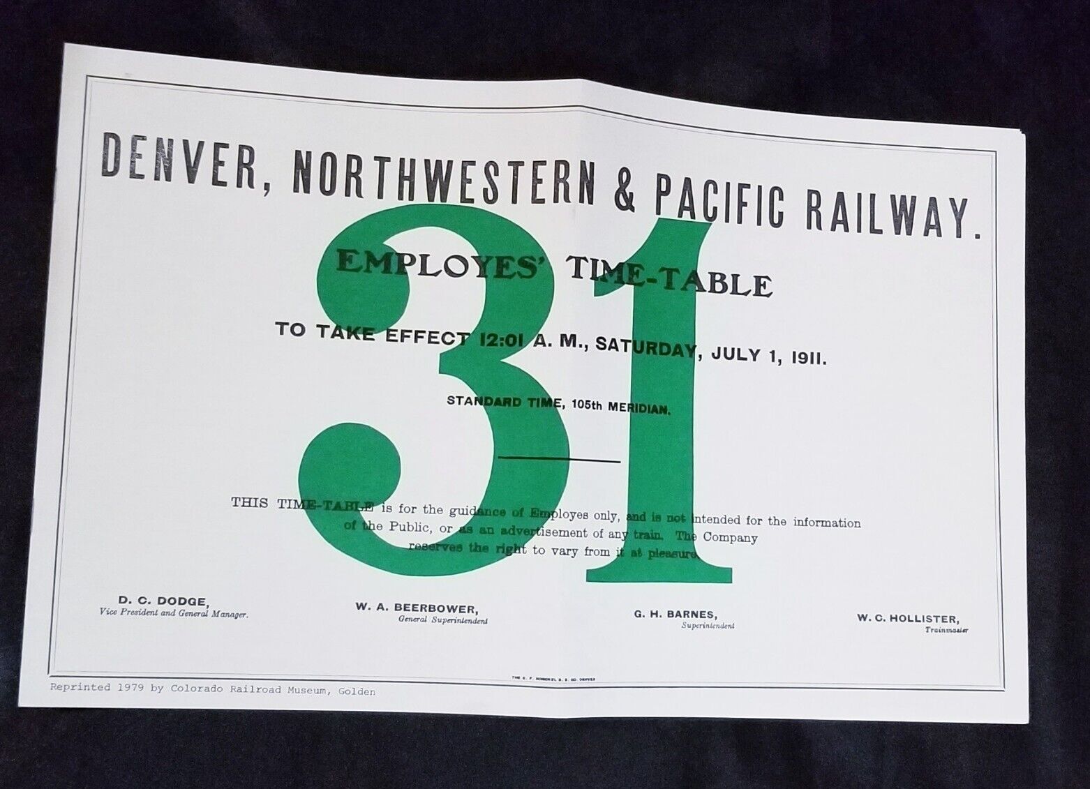 7/1/1911 DENVER, NORTHWESTERN & PACIFIC Railway ETT 31 Employee Timetable Reprod