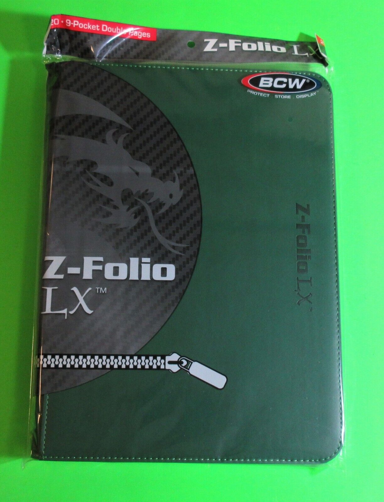 BCW GAMING Z-FOLIO 9-POCKET LX ALBUM - GREEN, HOLDS 360 CARDS, ZIPPER CLOSURE