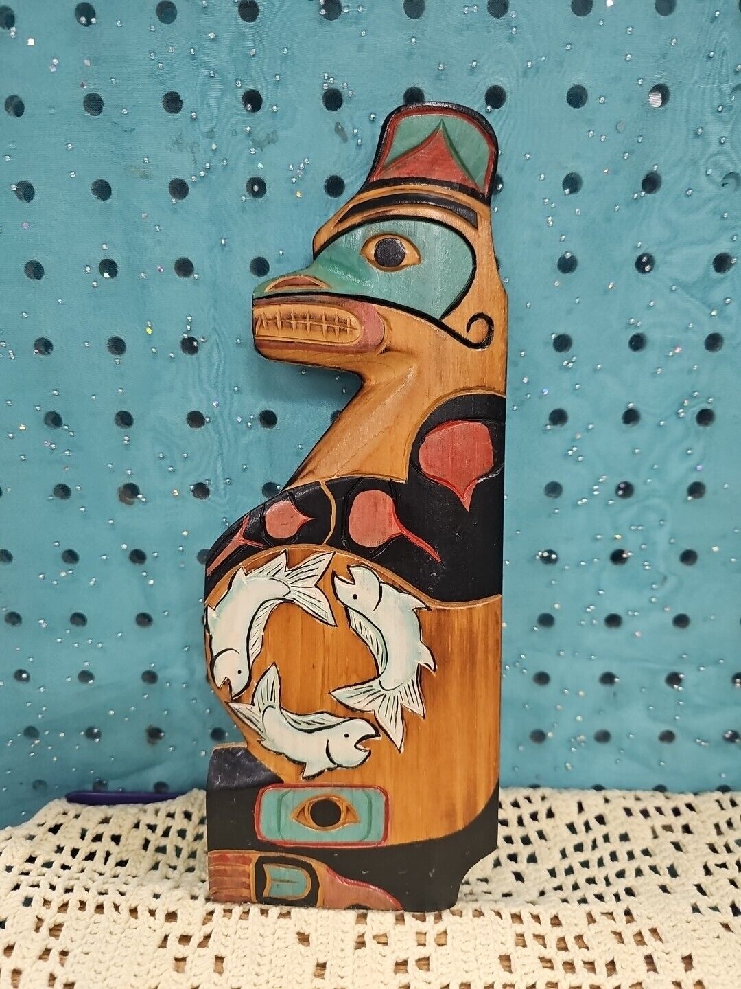 Vintage Alaska Carved Painted Totem Wall Hanging 10\