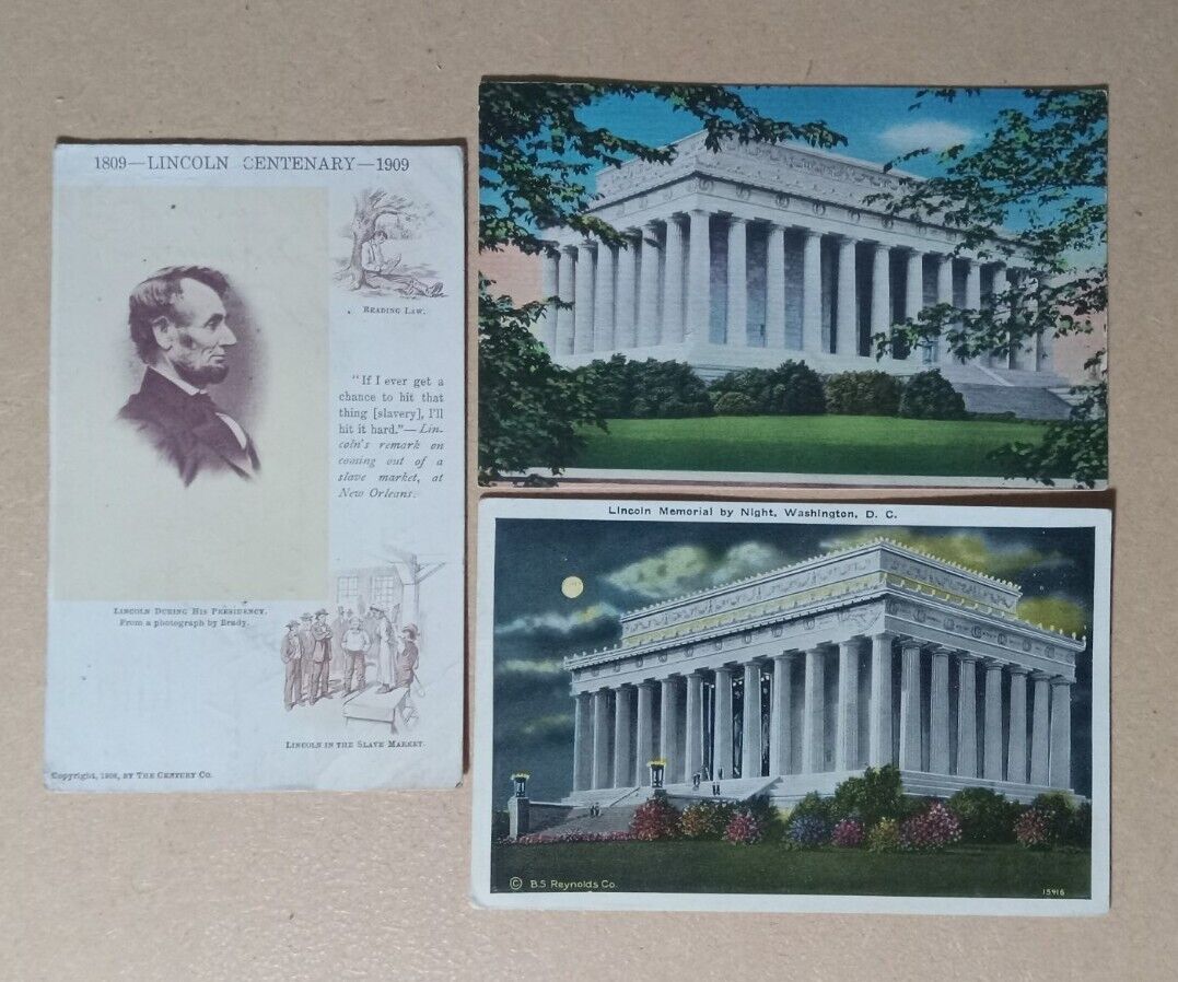 3 Antique Vintage USA Postcards President Abraham Lincoln Memorial 1910 - 1950