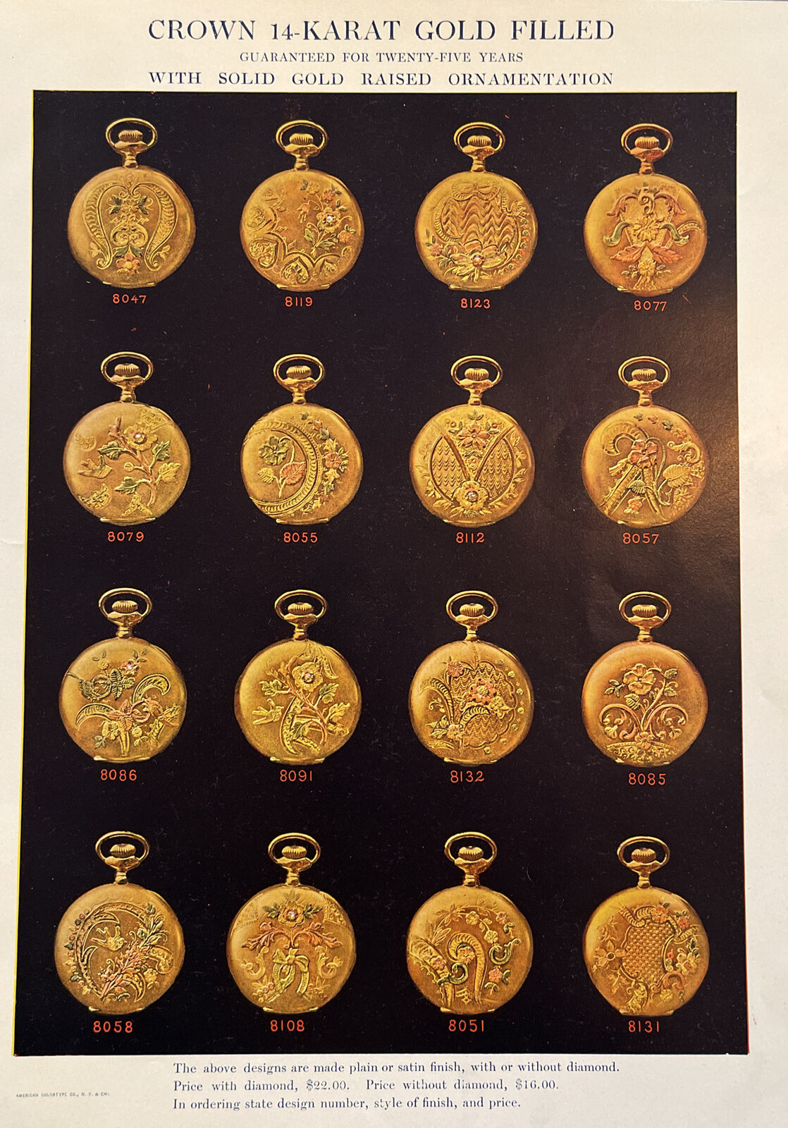Antique 1905 Paper Ad x2 Crown 14 Karat Gold Filled Decorative Pocket Watches