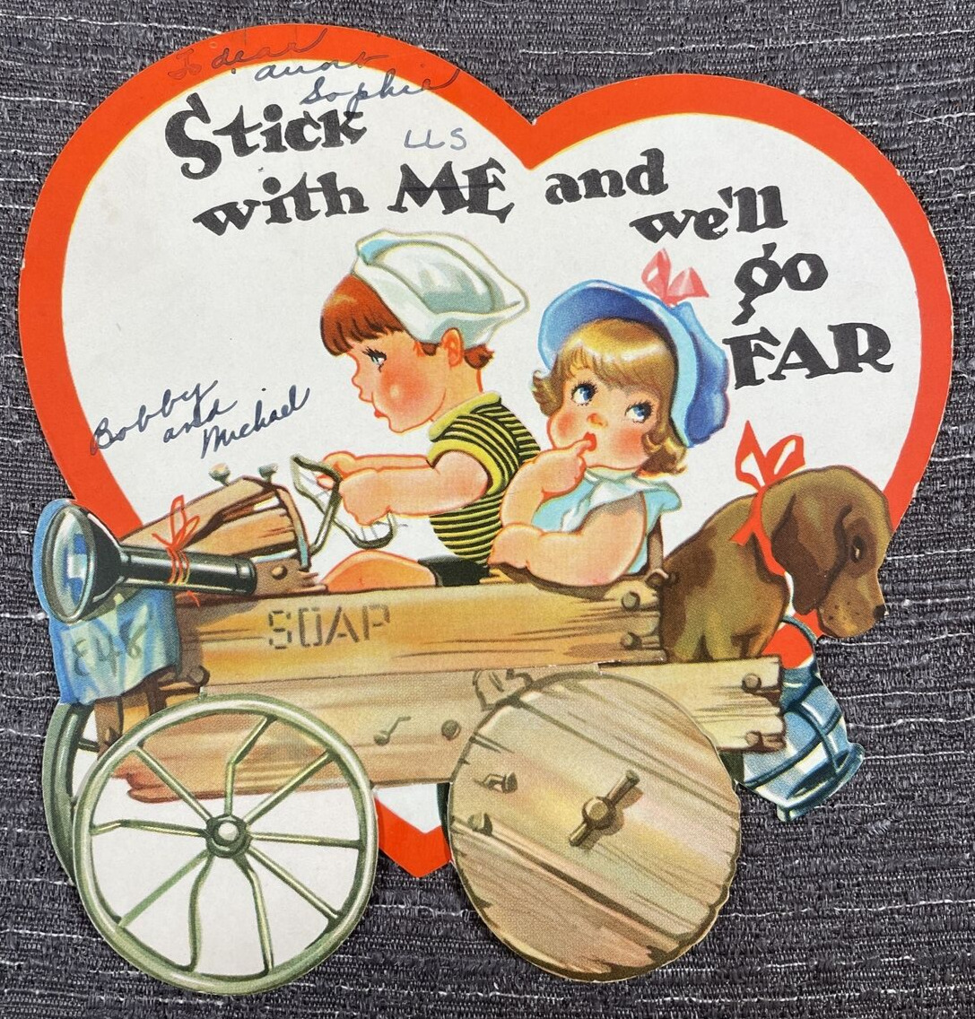Vintage Valentine Card Fairfield Line Wood Box Car Stick With Me Go Far  USA