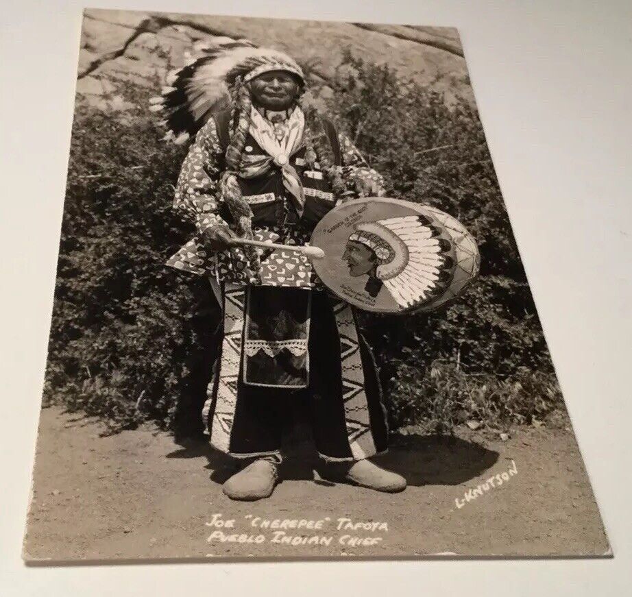 Chief Joe Cherepee Tafoya Pueblo Indian Headdress Drum Real Photo Undivide Back