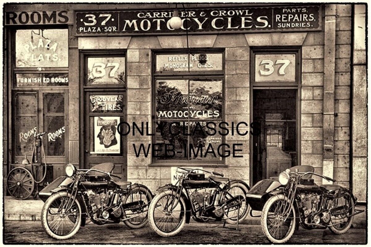 1916 ORANGE CALIF. INDIAN MOTORCYCLE DEALER 8X12 PHOTO VINTAGE SIDECARS GAS CART
