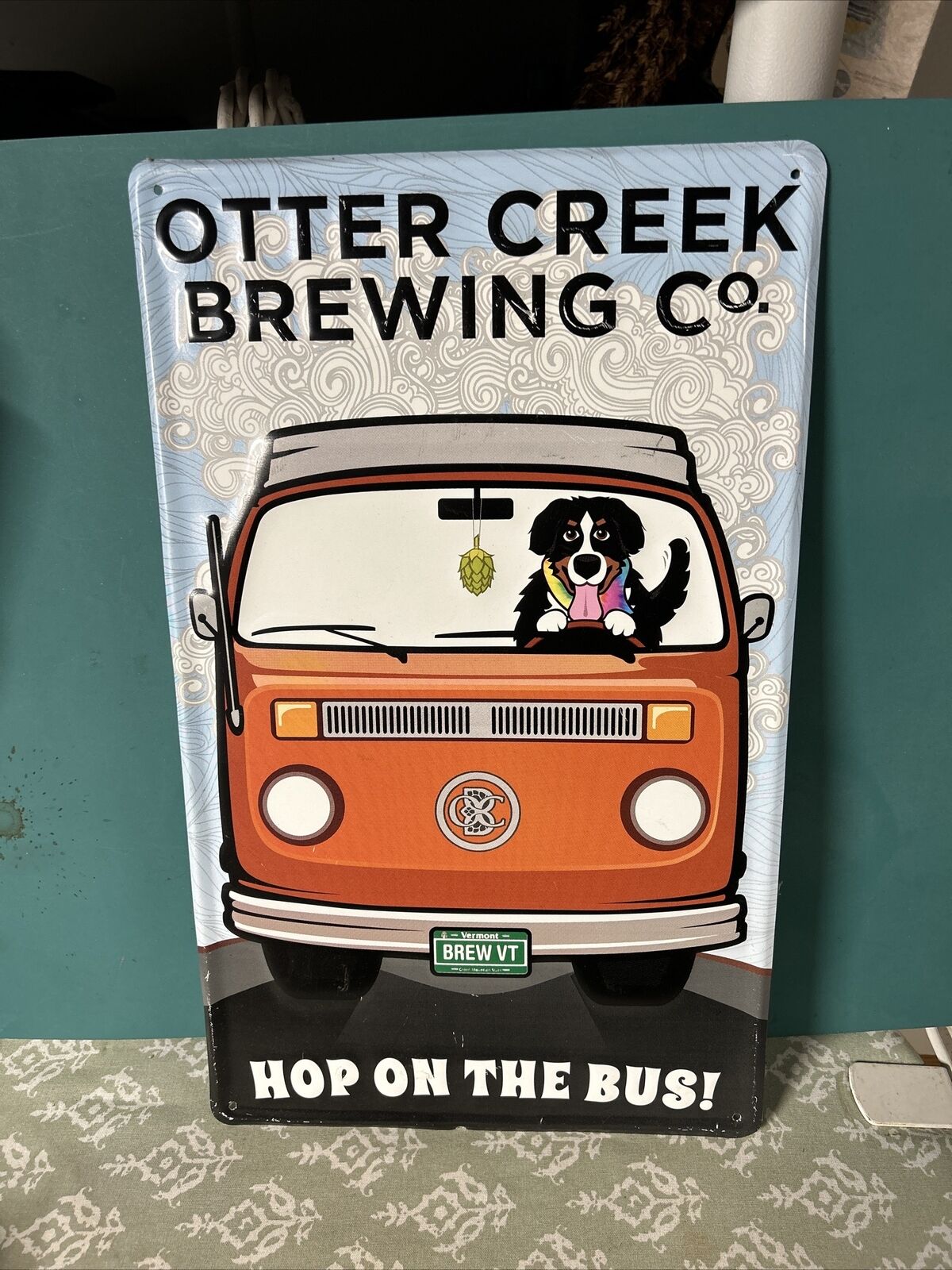 RARE OTTER CREEK BREWING SIGN HOP ON THE BUS VW BERNER DOG Approx 18”x11”