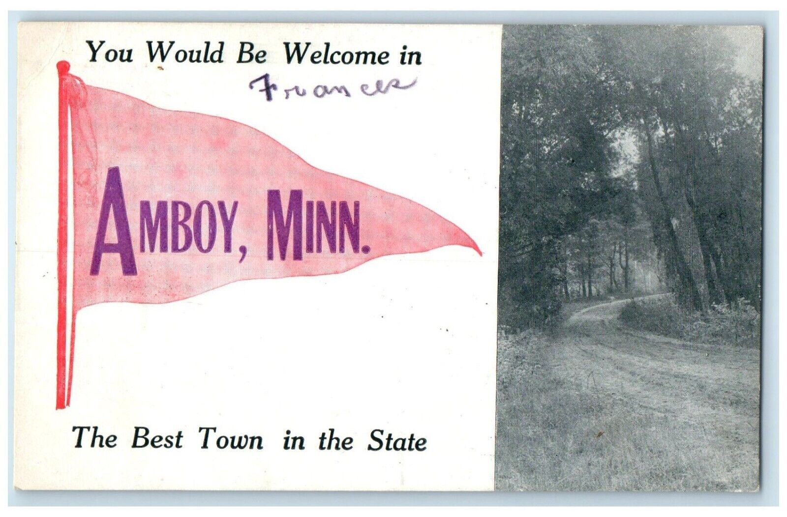 c1910 You Would Be Welcome Amboy Minnesota Town Pennant Vintage Antique Postcard