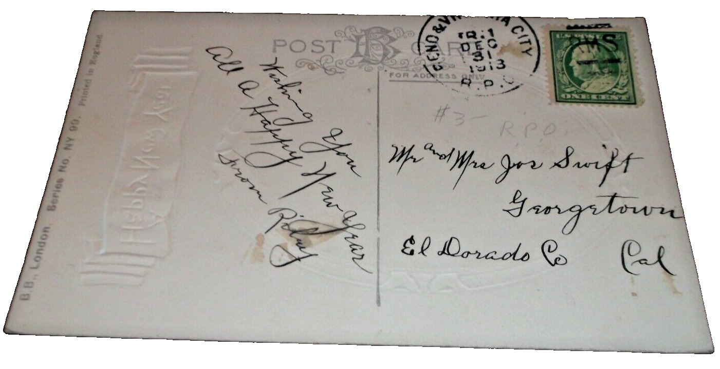 1913 VIRGINIA & TRUCKEE RENO & VIRGINIA CITY TRAIN #1 RPO HANDLED POST CARD