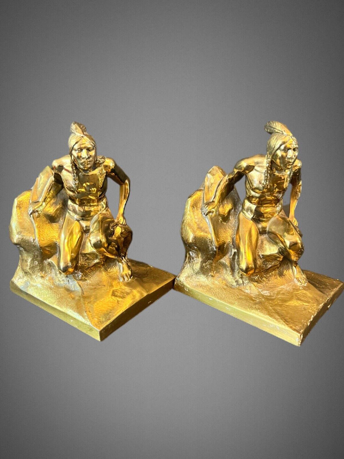 1960Bronze Metal Indian Scout Guide Bookends Pair Philadelphia Manufacturing PMC