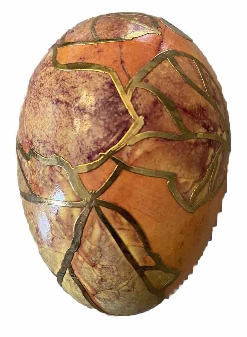VTG Metal Cloisonne Egg Faith Collector Eggs Marbled Leaves Orange Gold 3.25 IN