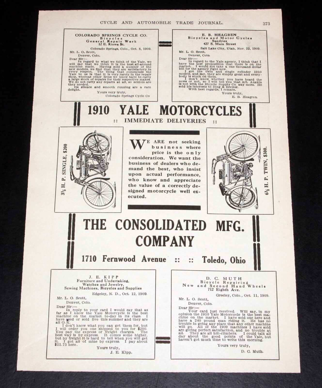 1910 OLD MAGAZINE PRINT AD, YALE 3 1/2 H.P. SINGLE, 6 1/2 H.P. TWIN MOTORCYCLES