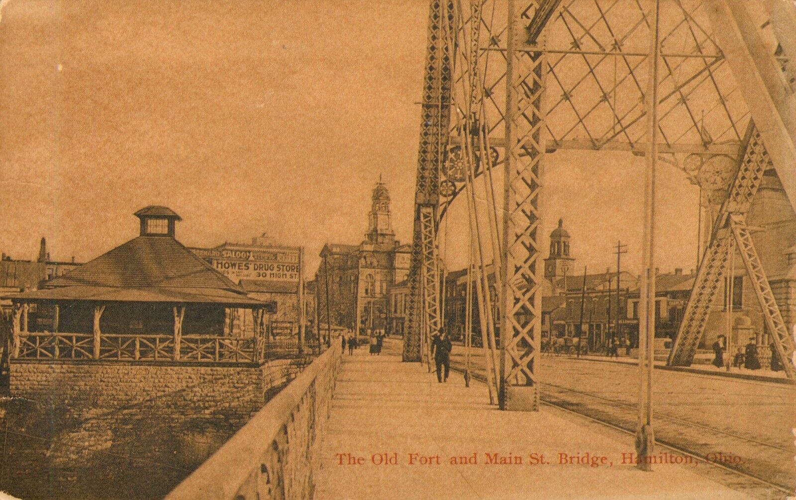 OLD FORT & MAIN ST.BRIDGE, Hamilton, Ohio 1913 Postage due 2 cents POSTCARD RPPC