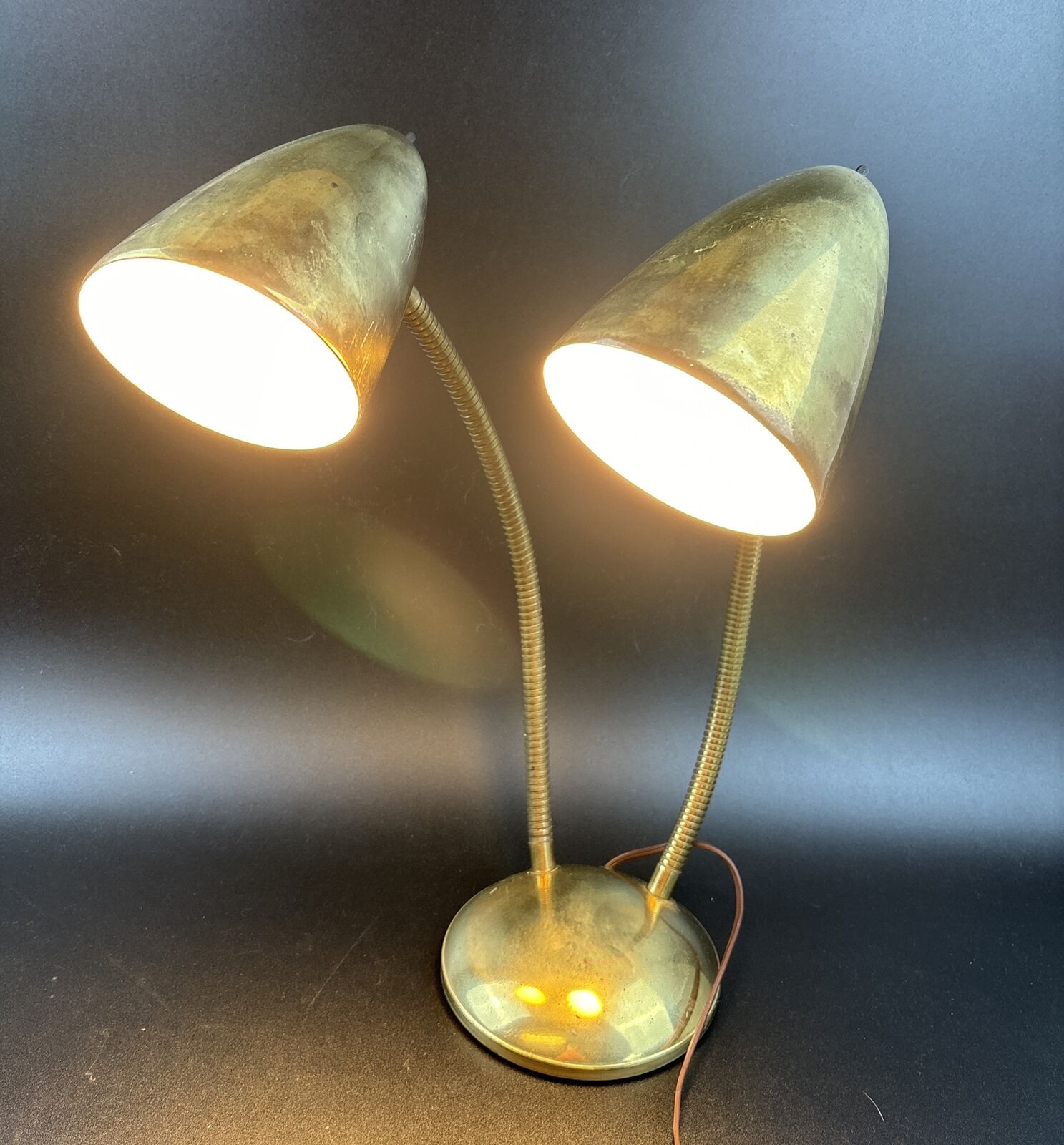Vintage Mid Century Double Gooseneck Desk Lamp Gold Atomic Style WORKS