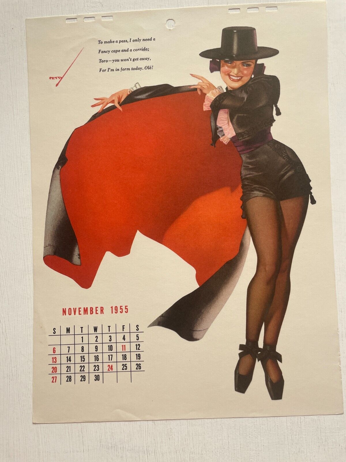 November 1955 Pinup Girl Calendar Page by Petty- Sexy Matador Woman- Ole