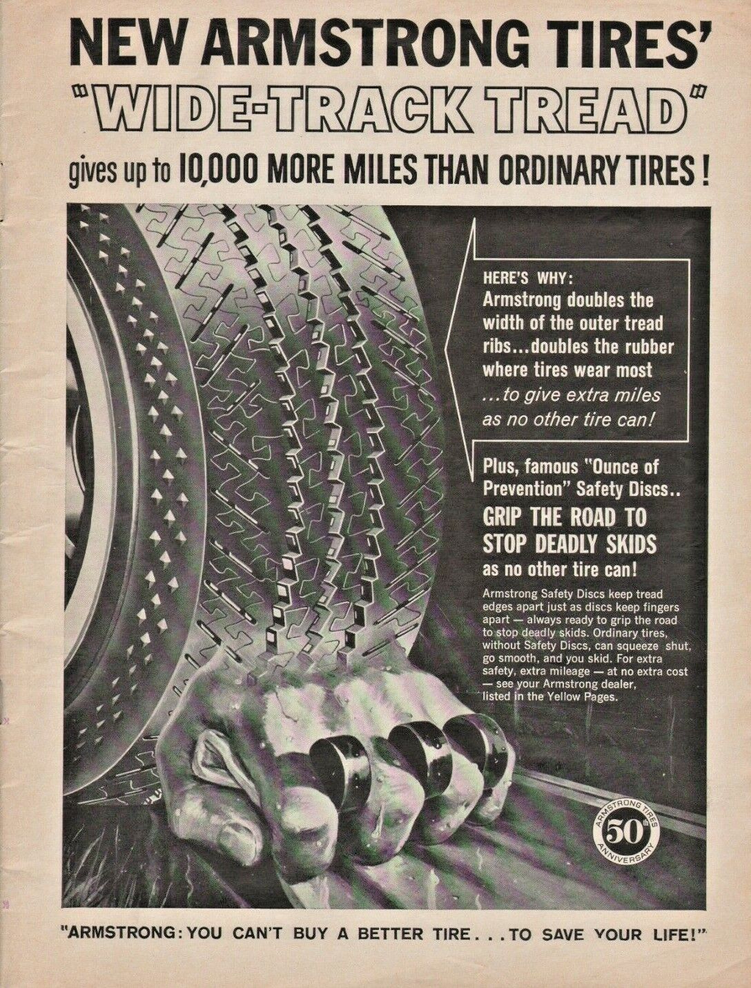1962 Armstrong Wide-Track Tread Tires with Safety Discs for Grip - Vintage Ad
